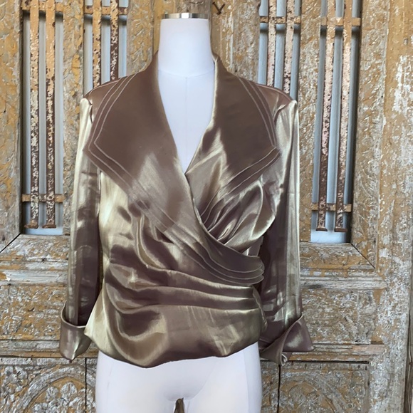 Cachet Tops - CACHET FAUX WRAP EVENING BLOUSE 14 METALLIC